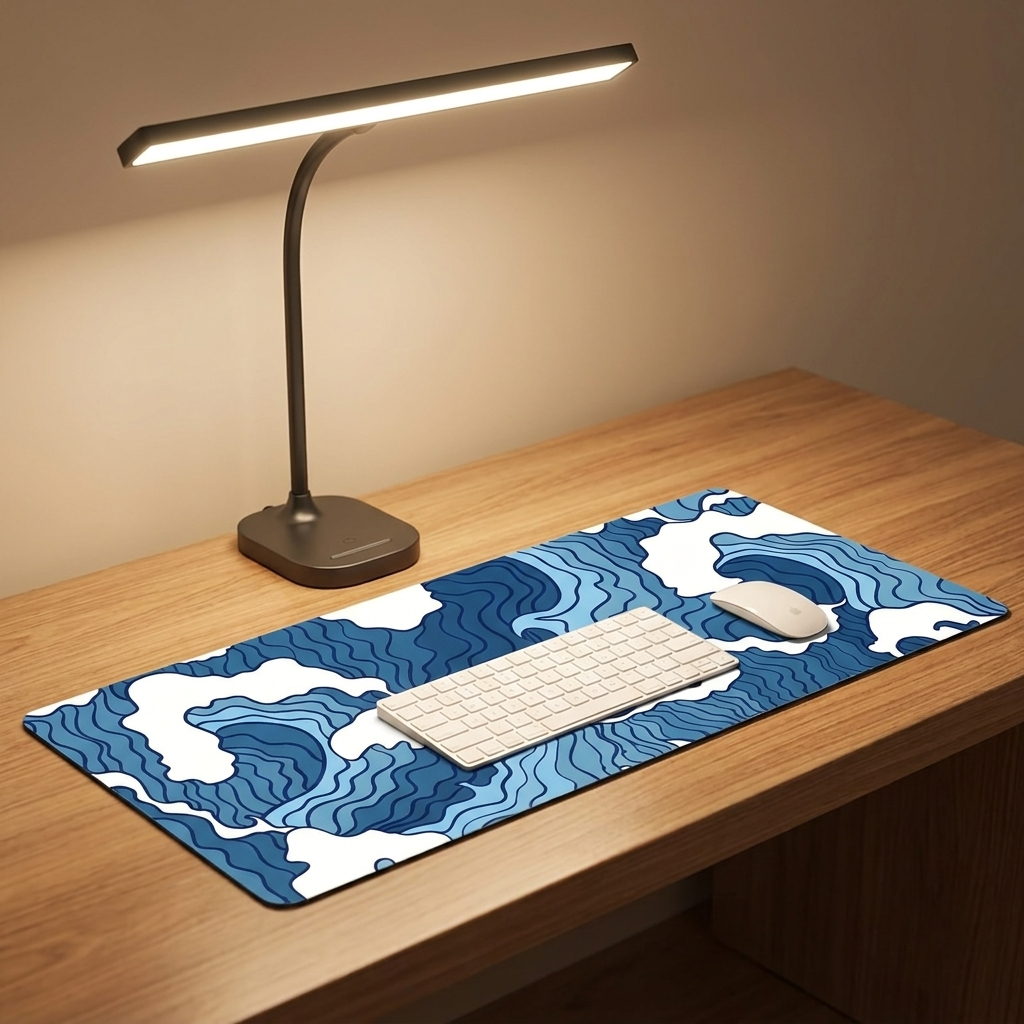 Tapis de bureau XL - motif vagues bleu, avec lampe et clavier
