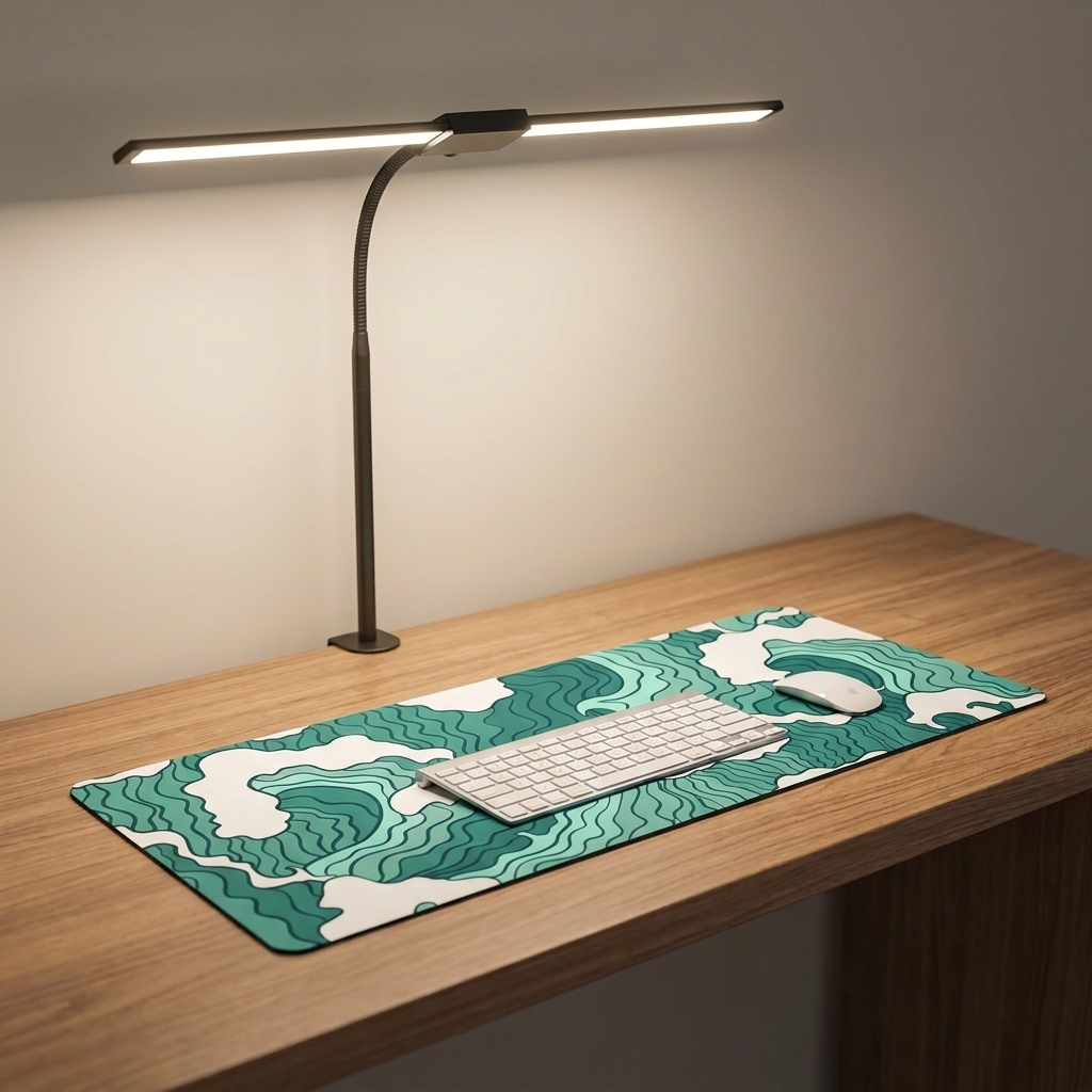 Tapis de bureau XL - motif vagues vert, avec lampe et clavier